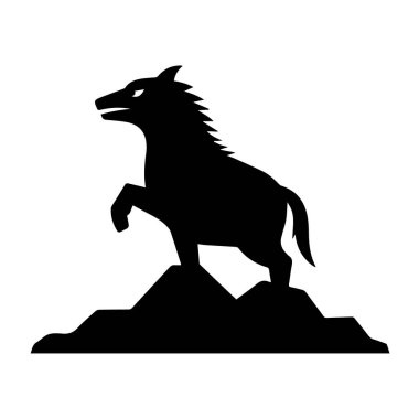 Beyaz arka planda izole edilmiş bir dağda duran kurt silueti güçlü ve güçlü görünüyor.