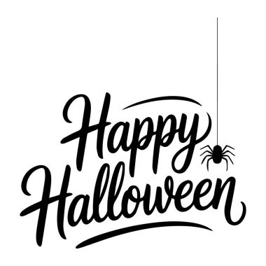 Beyaz arka planda izole edilmiş örümceğin cadılar bayramı çizim vektörü çizimi tasarımı ile mutlu cadılar bayramı harfleri