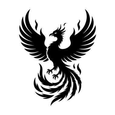 Beyaz arka planda izole edilmiş ateşli kuyruğu ve kanatları olan efsanevi bir Anka kuşunun siyah silueti.