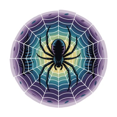 Renkli, soyut bir örümcek ağının ortasında, eğimli bir arkaplanı olan siyah bir örümceğin detaylı bir çizimi.