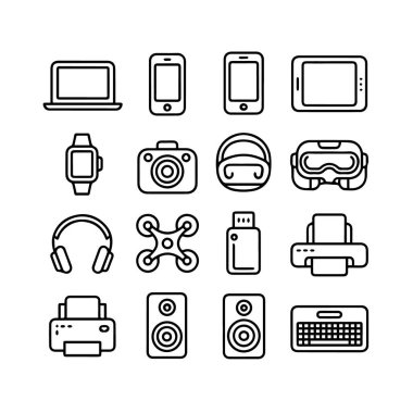 Beyaz arka planda izole edilmiş, bir ızgara düzeni içinde modern teknoloji simgelerinin bir koleksiyonu