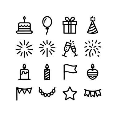Beyaz arka planda izole edilmiş pasta, balon ve hediyeler de dahil olmak üzere kutlamalar için 16 bayram çizgisi resim simgesi dizisi