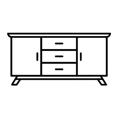 Ahşap büfe ya da açık büfe dolabının basit bir sanat simgesi. Çekmeceleri ve kapıları beyaz arka planda izole edilmiş.