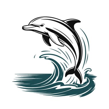 Beyaz arka planda izole edilmiş siyah beyaz bir yunus çizimi.