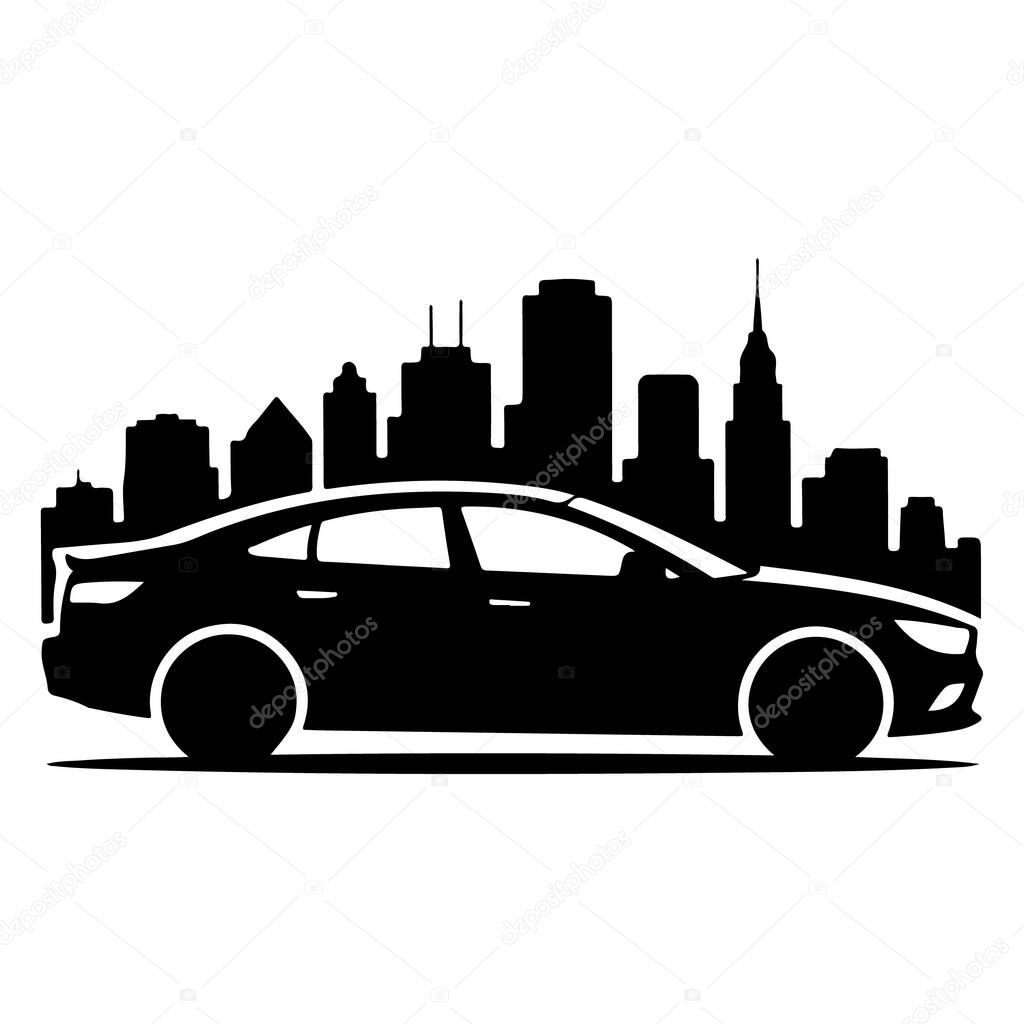 Sleek car silhouette against a city skyline, representing urban transportation and modern automotive design isolated on white background