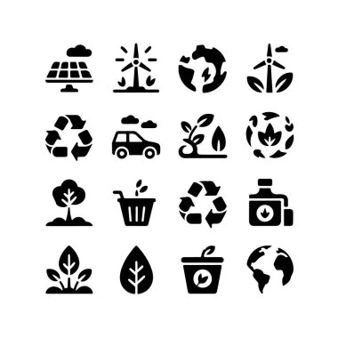 Güneş paneli, rüzgar türbini, geri dönüşüm ve dünya gibi çevre dostu ve yeşil enerji simgeleri.