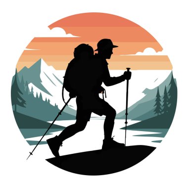 Sırt çantalı bir yürüyüşçü silueti ve gün batımında bir dağ yolunda yürüyen yürüyüş direkleri.