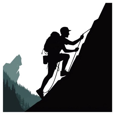 Sırt çantası ve iple dik bir kaya yüzeyine tırmanan bir dağcının silueti, arka planda dağlar.