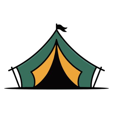 Üzerinde sarı bir açıklık ve siyah bir bayrak olan yeşil bir çadırın basit bir çizimi.