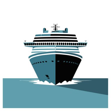 Büyük bir yolcu gemisi okyanusta seyrediyor, önden bakıldığında, stilize edilmiş, grafik bir tasvirle