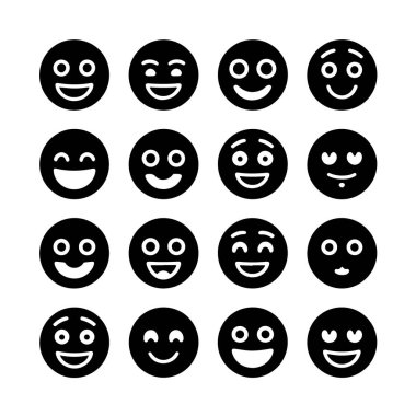 Farklı duygulara sahip on altı siyah gülen yüz ikonu.