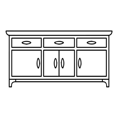 Beyaz arka planda izole edilmiş, üç çekmecesi ve üç dolabı olan uzun büfe ya da tezgahın basit çizimi
