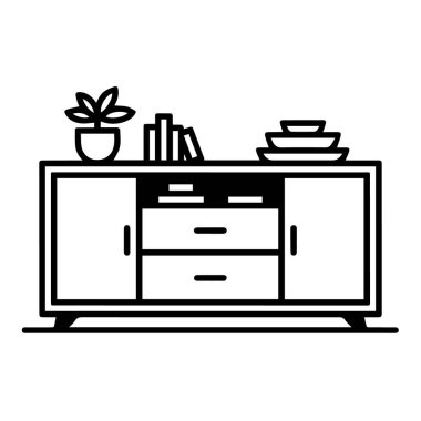 Beyaz arka planda izole edilmiş çekmeceleri ve dolapları olan modern bir büfenin siyah beyaz çizimi