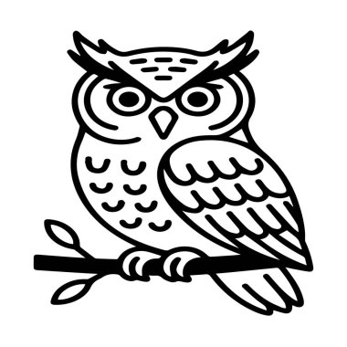 Beyaz arka planda izole edilmiş bir baykuşun siyah beyaz çizimi