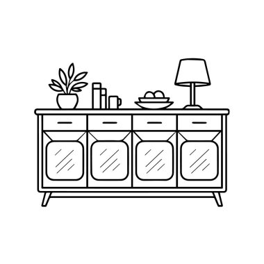 Beyaz arka planda izole edilmiş, çekmeceleri ve dolap kapıları olan modern bir büfe veya konsol çizimi