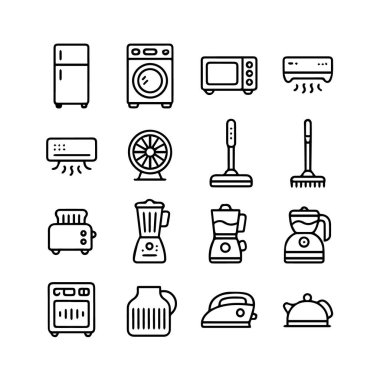 Beyaz arka planda izole edilmiş çeşitli ev aletlerini ve mutfak aletlerini temsil eden basit çizgi resim simgeleri koleksiyonu