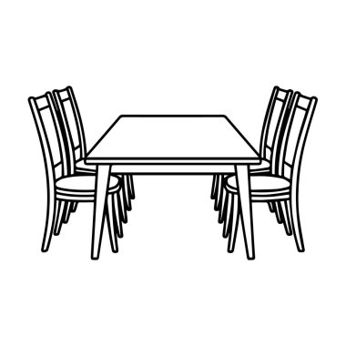 Beyaz arka planda izole edilmiş altı sandalyeli yemek masası.