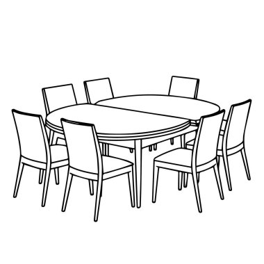 Beyaz arka planda sekiz sandalyeli Oval yemek masası.