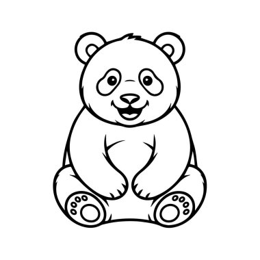 Tatlı çizgi film pandası oturuyor ve gülümsüyor, beyaz arka planda tek başına.