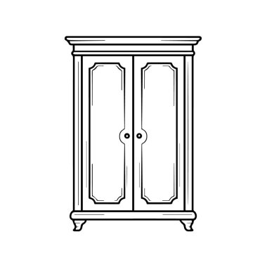 Beyaz arka planda izole edilmiş iki kapılı ve süslü saplı klasik ahşap gardırop.