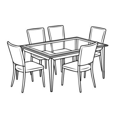 Modern yemek masası, cam kapaklı ve altı sandalyeli, yemek için ayarlanmış, beyaz arka planda izole edilmiş.