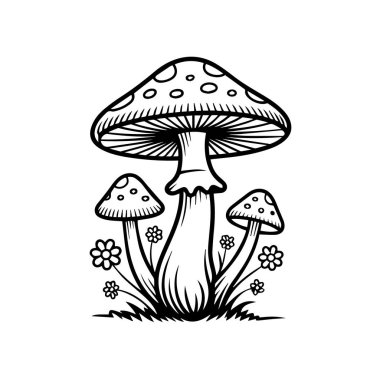 Beyaz arka planda izole edilmiş üç küçük çiçekli üç mantarın tuhaf siyah beyaz çizimi