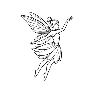 Uçan kanatlı bir perinin beyaz arka planda izole edilmiş garip bir çizimi.