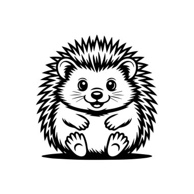 Dikenli tüyleri olan, gülümseyen ve oturan, beyaz arka planda izole edilmiş yuvarlak kirpi çizimleri.