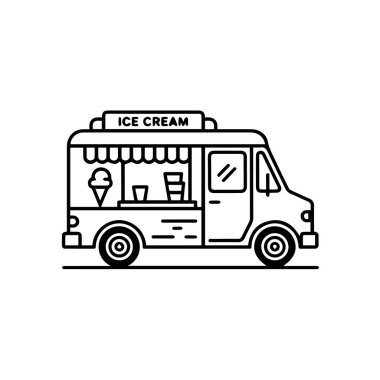 Beyaz arka planda izole edilmiş tenteli ve pencereli bir dondurma kamyonunun tasviri.