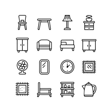 Beyaz arkaplanda izole edilmiş 16 basit mobilya simgesi