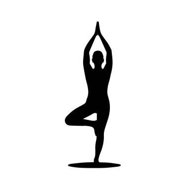 Bir kişinin silueti yoga ağacı pozu veriyor. Kolları yukarıda, beyaz arka planda soyutlanmış bir şekilde.
