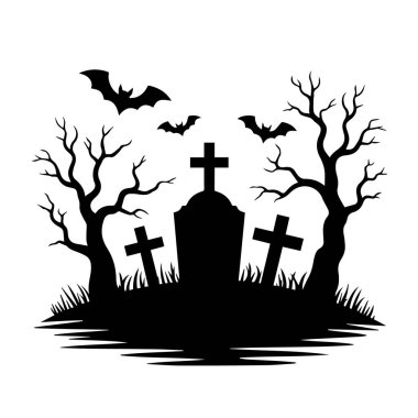 Cadılar Bayramı 'nda beyaz arka planda izole edilmiş mezar taşları, çıplak ağaçlar, yarasalar ve çimenler.