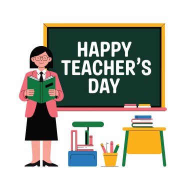 Öğretmen tahtada mutlu öğretmenler gününün yazılı olduğu beyaz arka planda tek başına duruyor.