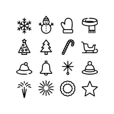 Beyaz arka planda izole edilmiş, kış ve Noel için siyah beyaz çizgi sanat simgeleri koleksiyonu