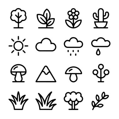 Beyaz arka planda izole edilmiş doğa, çiçek, güneş, bulut, yağmur ve mantarların toplanması