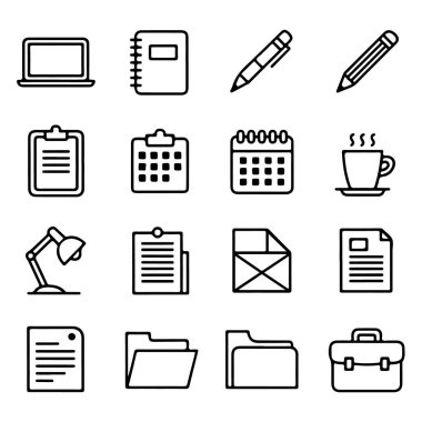 Ofis ve iş simgeleri koleksiyonu, dizüstü bilgisayar, kalem, kalem, pano, takvim, lamba ve çanta, beyaz arkaplan üzerinde izole