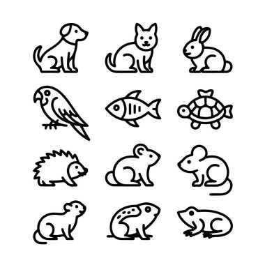 Beyaz arka planda izole edilmiş bir grup hayvan simgesi.