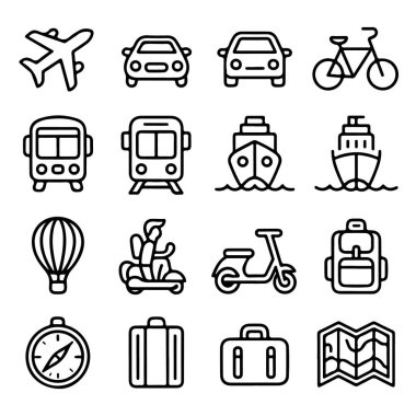 Beyaz arkaplanda izole edilmiş ulaşım ve seyahat simgeleri