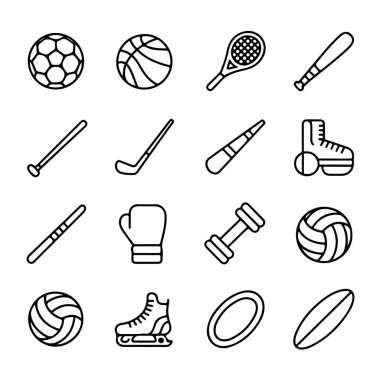 Spor ekipmanları simgeleri koleksiyonu, beyaz arka plan üzerinde izole