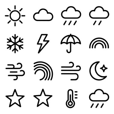 Meteorolojik fenomenleri bembeyaz arkaplanda tasvir eden hava durumu simgeleri