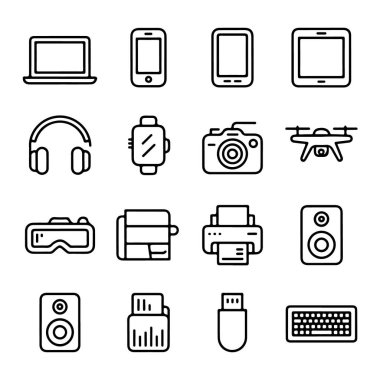 Beyaz arka planda izole edilmiş teknoloji ve cihazlar için modern siyah çizgi resim simgeleri