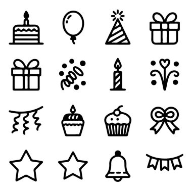 Beyaz arka planda izole edilmiş, doğum günü kutlaması unsurlarını temsil eden basit siyah çizgi sanat simgeleri koleksiyonu
