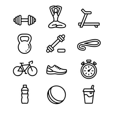 Beyaz arka planda izole edilmiş spor ve spor için basit siyah çizgi resim simgeleri koleksiyonu