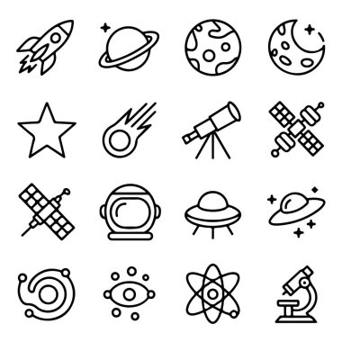 Beyaz arkaplanda roket, gezegen, ay, yıldız, kuyruklu yıldız, teleskop, uydu, astronot miğferi, UFO ve atomu içeren uzay simgeleri kümesi