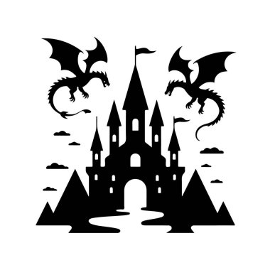 Etrafında iki ejderhanın uçtuğu hayali bir şato silueti.