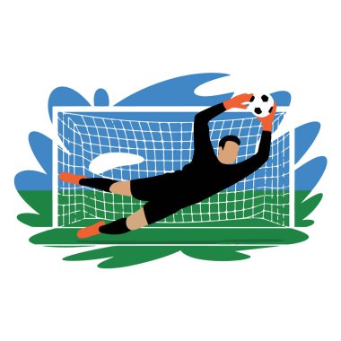 Siyah üniformalı bir futbol kalecisi kalenin önünde topu yakalamak için dalıyor.