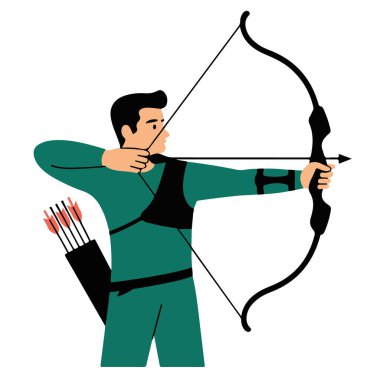 Yeşil üniformalı bir okçu okçuluk müsabakasında bir hedefe ok ve yay atar.