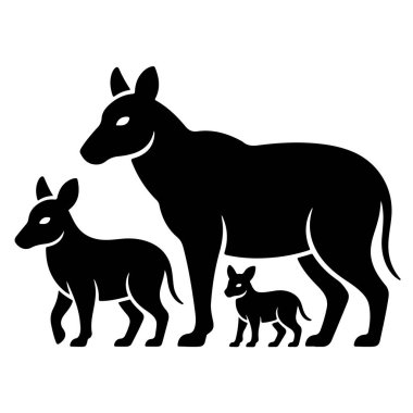 Beyaz arka planda izole edilmiş üç köpekli bir ailenin silueti.