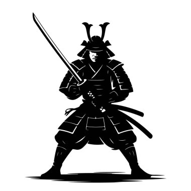 Geleneksel zırhlı bir samuray savaşçısının silueti beyaz arka planda izole edilmiş bir kılıç tutuyor.