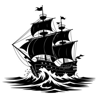 Büyük dalgalar ve bayraklarla dalgalı denizlerde yelken açan korsan gemisi